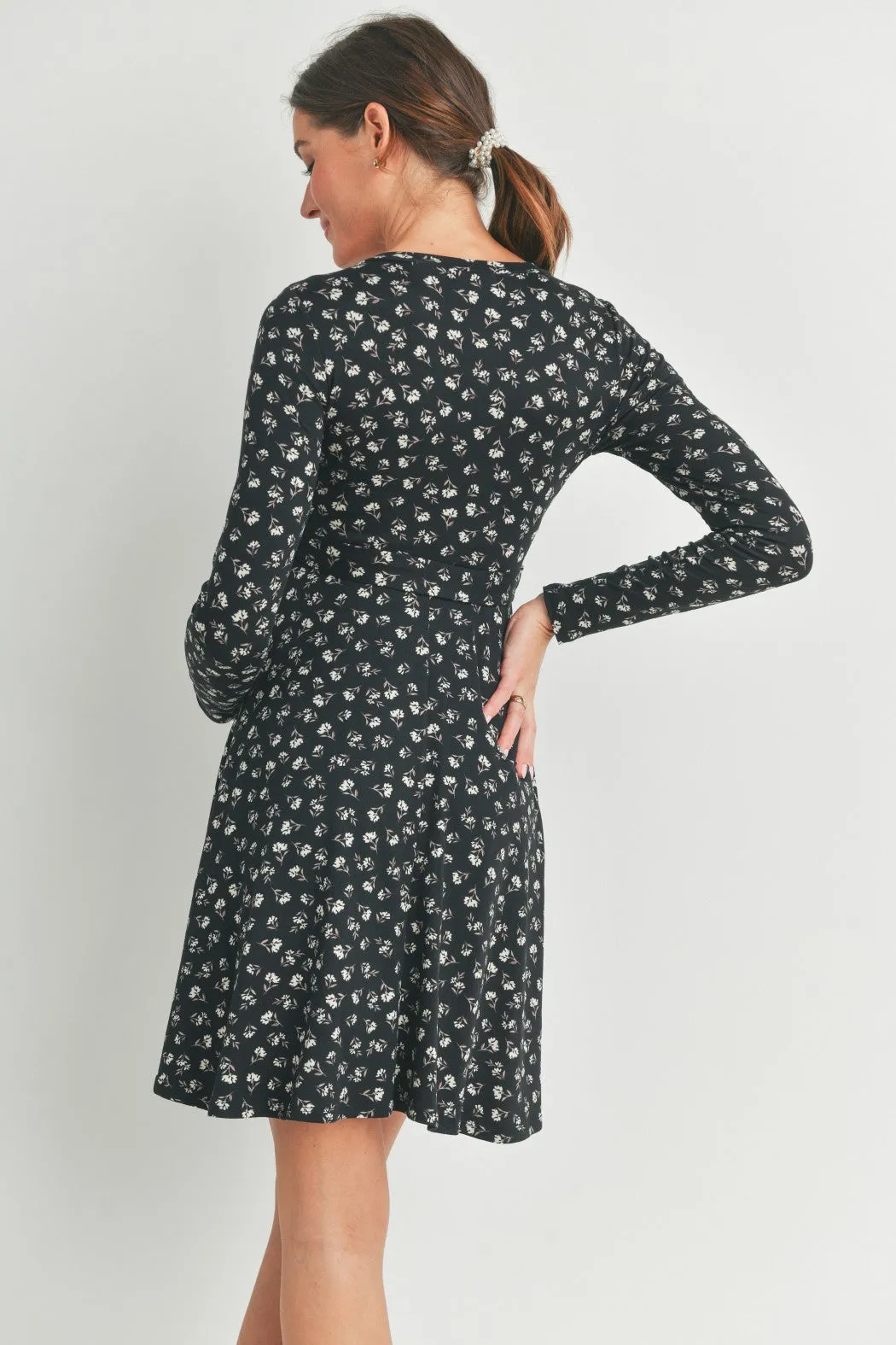 2502 Floral Maternity Skate Dress with Belt In Black