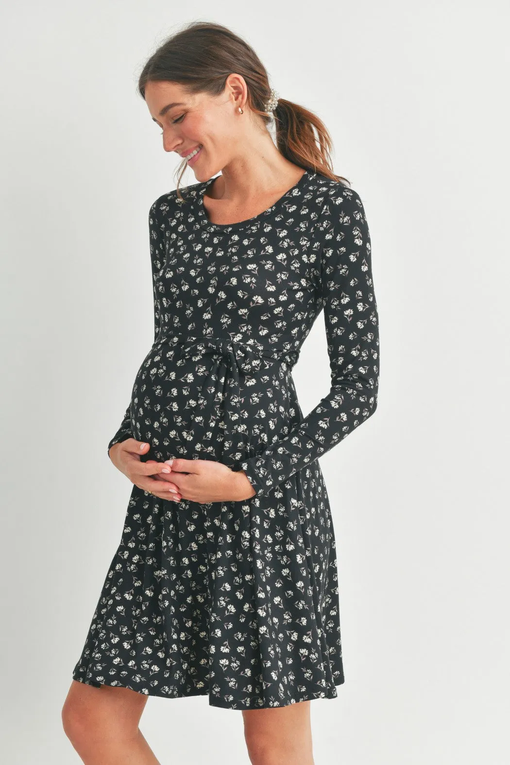 2502 Floral Maternity Skate Dress with Belt In Black