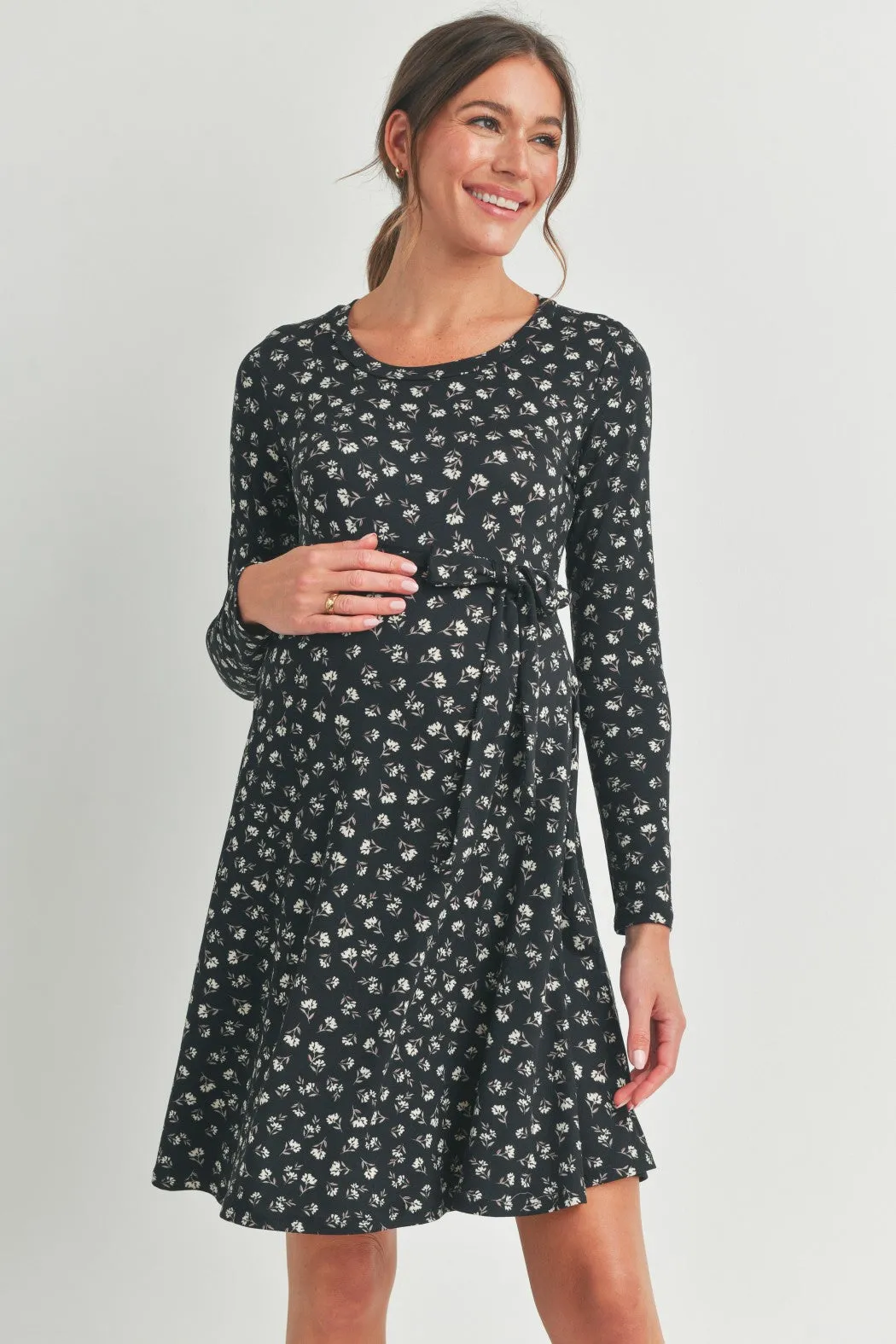2502 Floral Maternity Skate Dress with Belt In Black