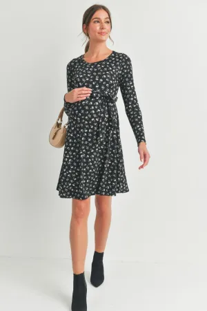 2502 Floral Maternity Skate Dress with Belt In Black