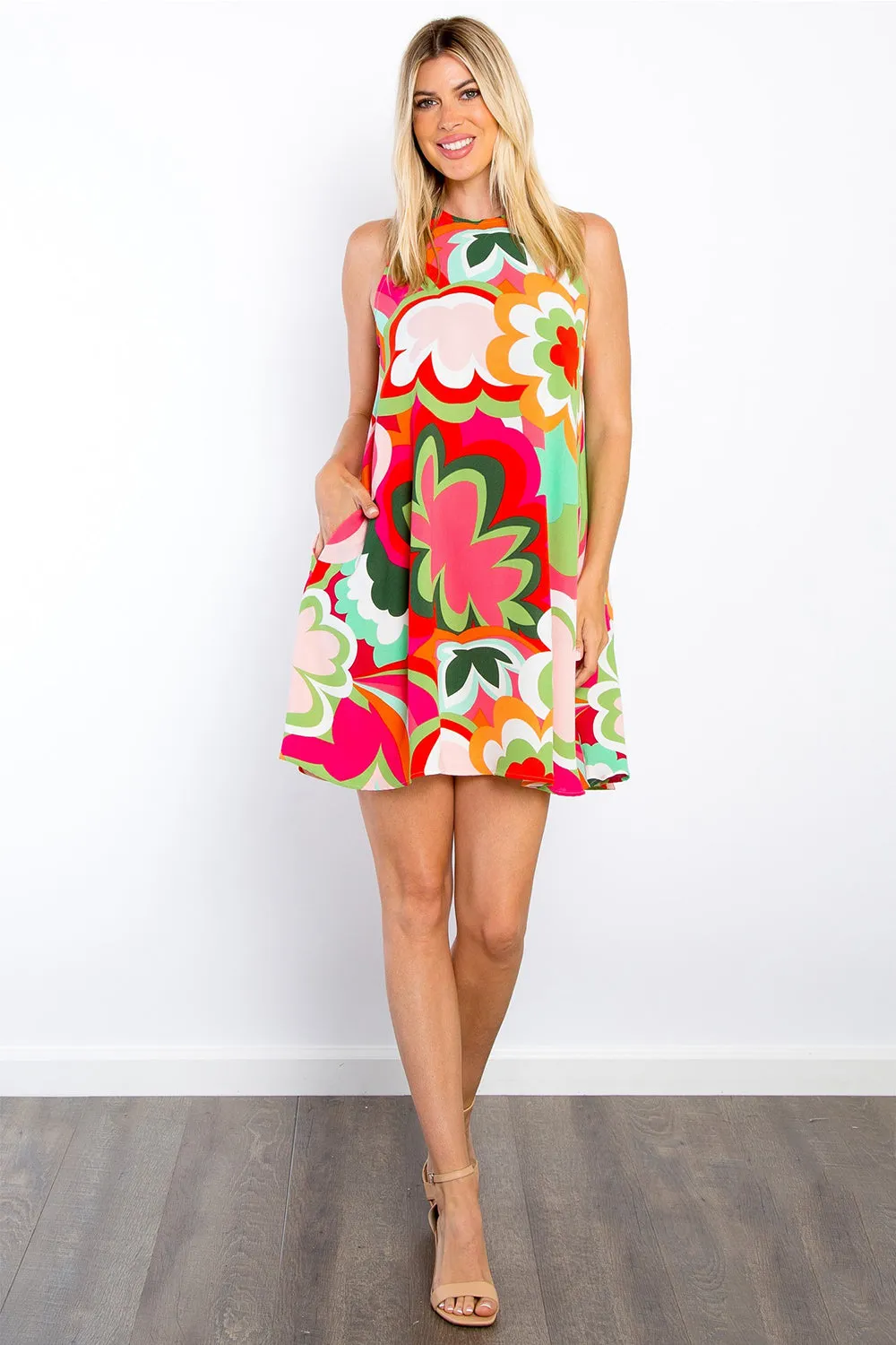 Abby Coral Size Inclusive Floral Sleeveless Mini Dress with Pockets