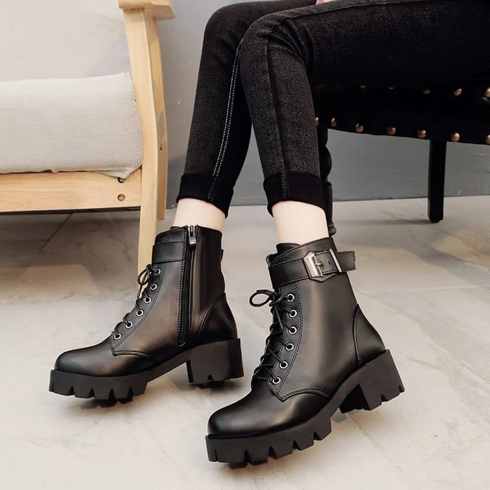Amozae-Fashion Leather Boots Woman shoes Winter Warm Lace-up Ankle Boots For Woman High Quality Waterproof Platform Boots 2024