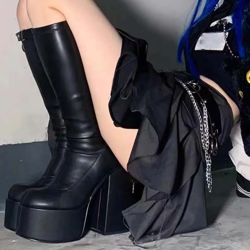 Amozae-  Fashion Women Long Boots Elastic Genuine Leather Chunky High Heels Ladies Short Boots Autumn Punk Style Female Goth Shoes