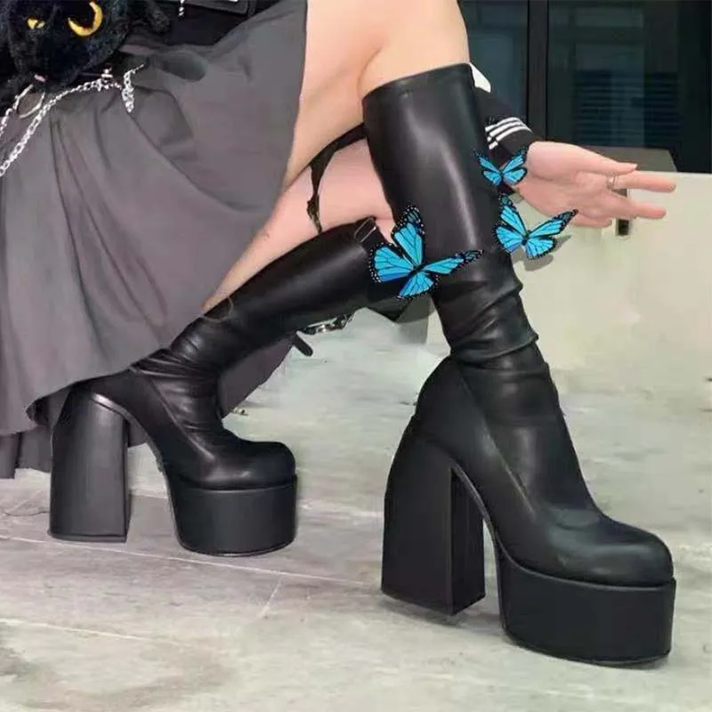 Amozae-  Fashion Women Long Boots Elastic Genuine Leather Chunky High Heels Ladies Short Boots Autumn Punk Style Female Goth Shoes