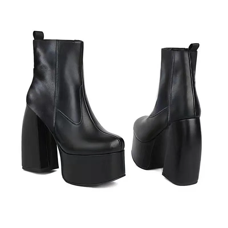 Amozae-  Fashion Women Long Boots Elastic Genuine Leather Chunky High Heels Ladies Short Boots Autumn Punk Style Female Goth Shoes