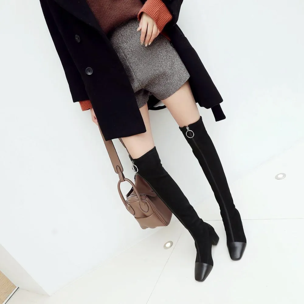 Amozae-Krazing Pot 2019 genuine leather square toe stretch over-the-knee boots thick heels superstar zipper beauty thigh high boots L08