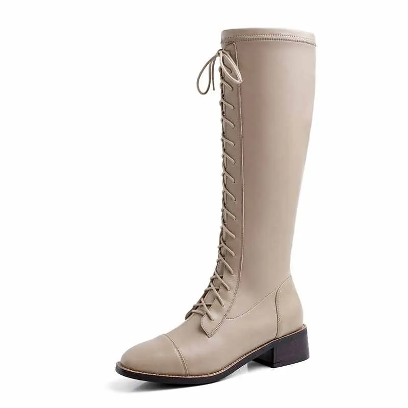 Amozae-krazing pot cow leather square toe lace up European riding boots med heels keep warm high quality stretch thigh high boots L56