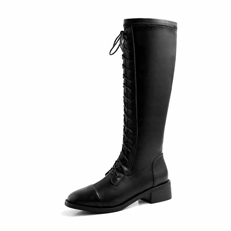 Amozae-krazing pot cow leather square toe lace up European riding boots med heels keep warm high quality stretch thigh high boots L56