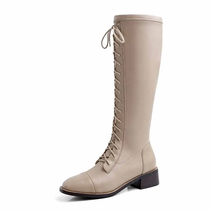 Amozae-krazing pot cow leather square toe lace up European riding boots med heels keep warm high quality stretch thigh high boots L56