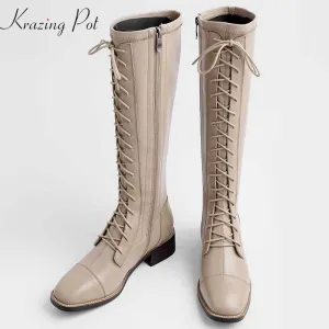 Amozae-krazing pot cow leather square toe lace up European riding boots med heels keep warm high quality stretch thigh high boots L56