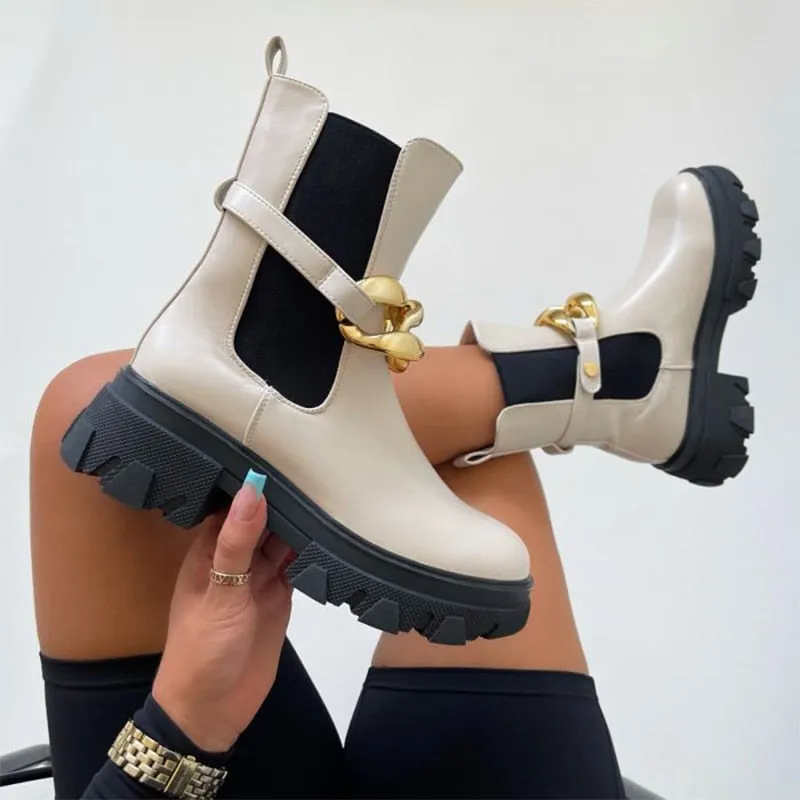 Amozae-Women's Short Boots Thick Bottom Platform Autumn Shoes 2024 Fashion Metal Chain Female Ankle Boots Lace Up Ladies Chelsea Boot
