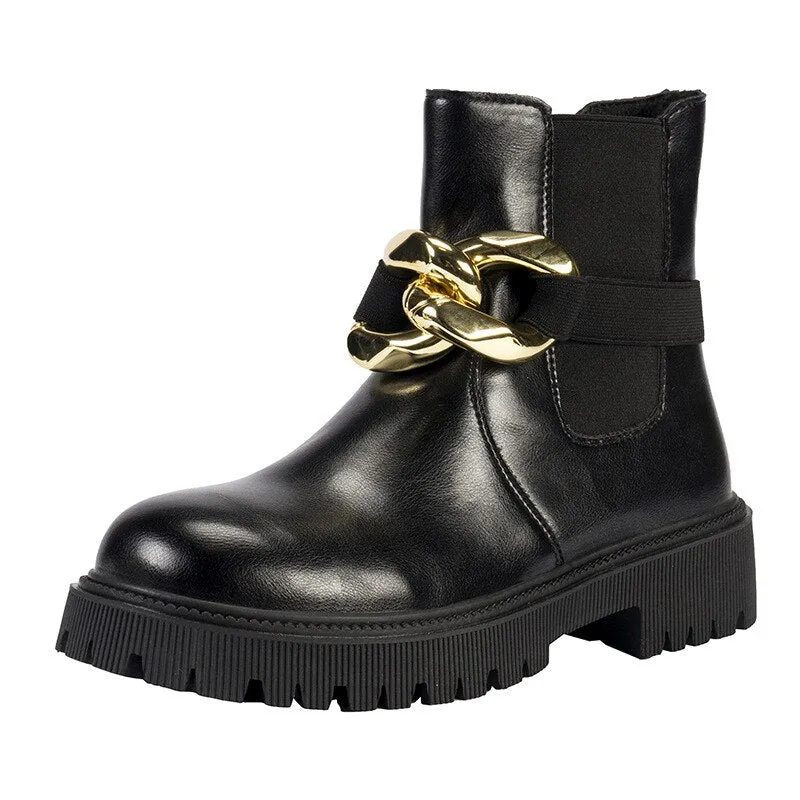 Amozae-Women's Short Boots Thick Bottom Platform Autumn Shoes 2024 Fashion Metal Chain Female Ankle Boots Lace Up Ladies Chelsea Boot