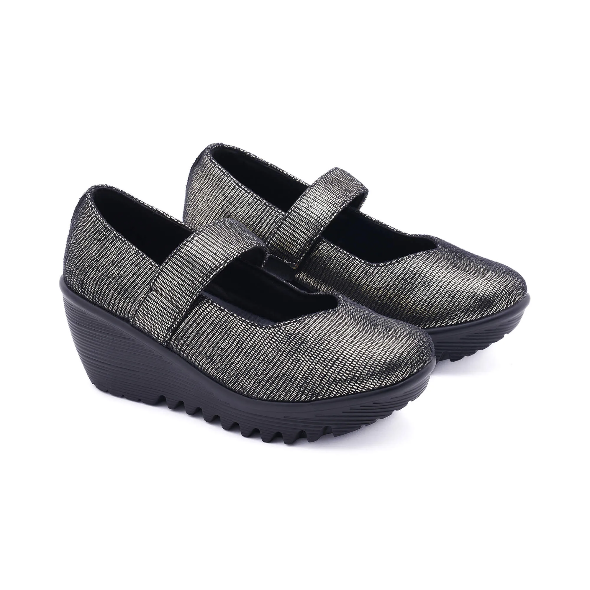 Anzio Black Light Gold Wedge Heel