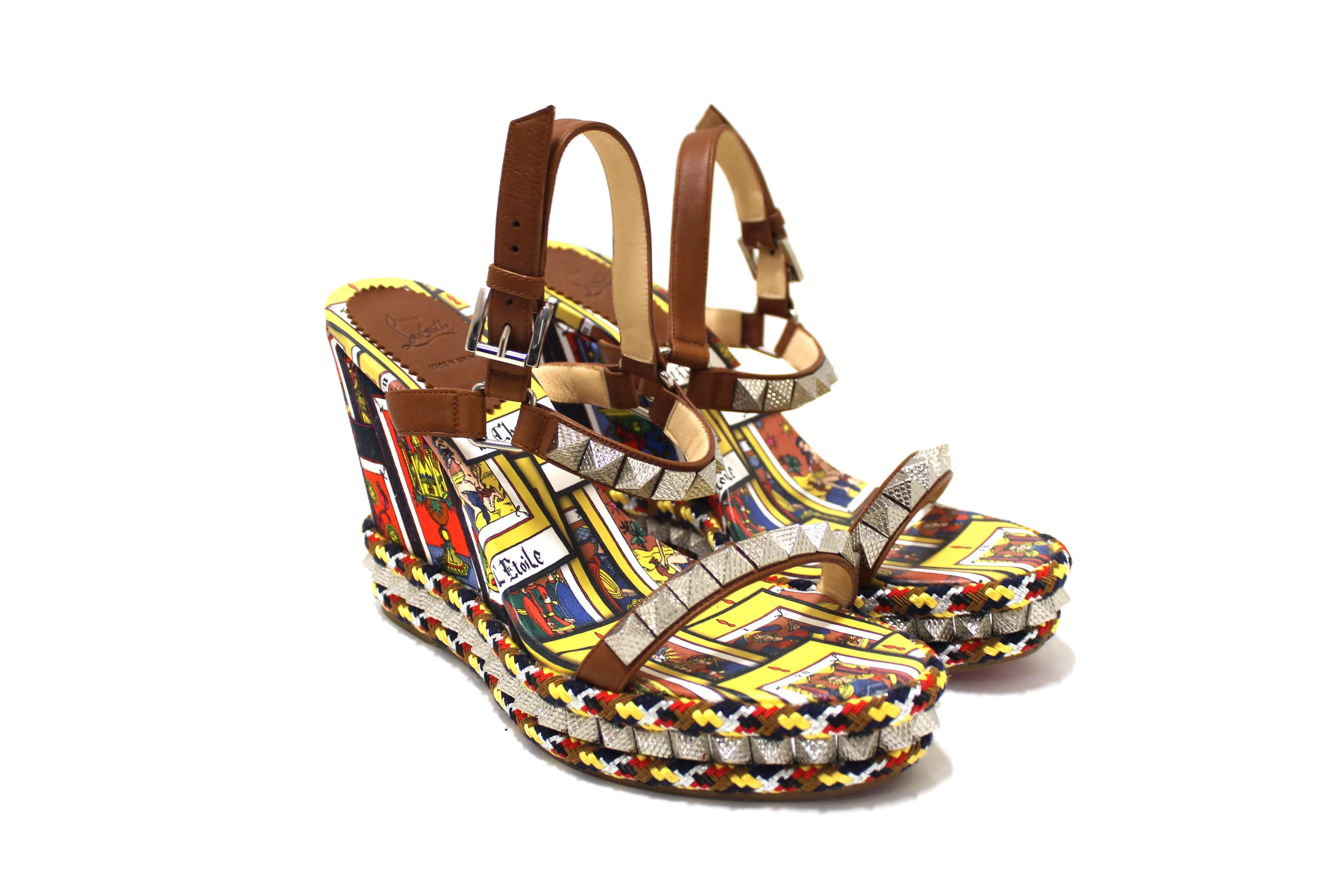 Authentic Christian Louboutin Pyraclou Tarot Wedge Espadrille Sandals size 40