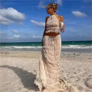 Backless Halter Lace Top & Pleated Maxi Skirt Set – Chic Summer Beach Party Outfit for Women