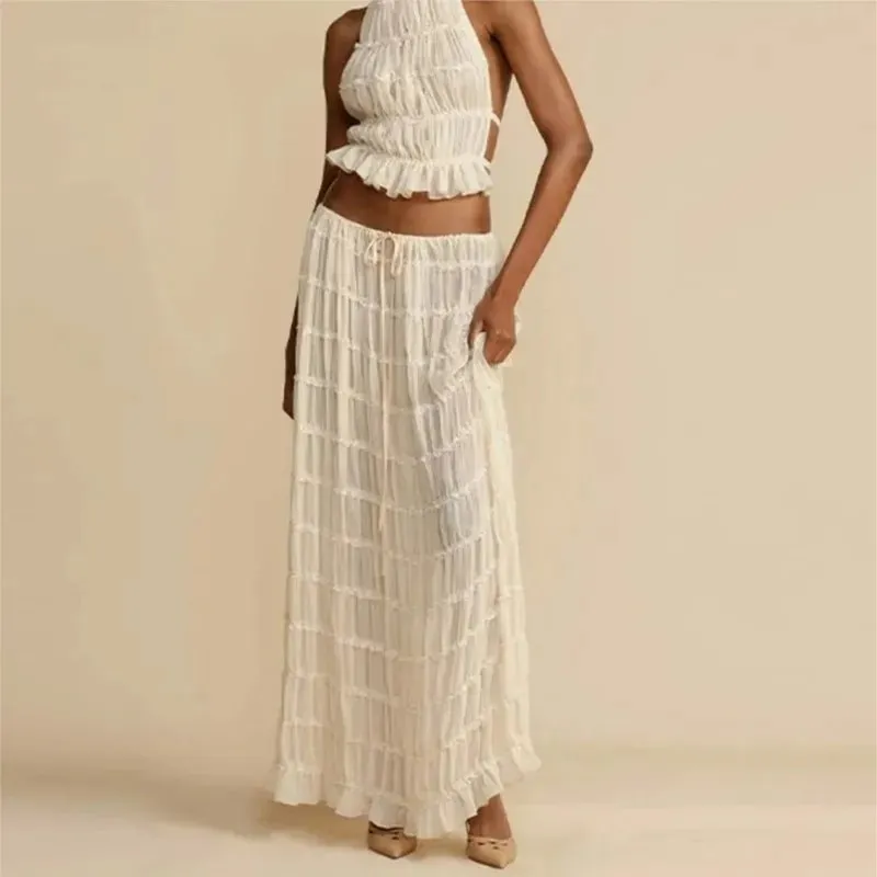 Backless Halter Lace Top & Pleated Maxi Skirt Set – Chic Summer Beach Party Outfit for Women