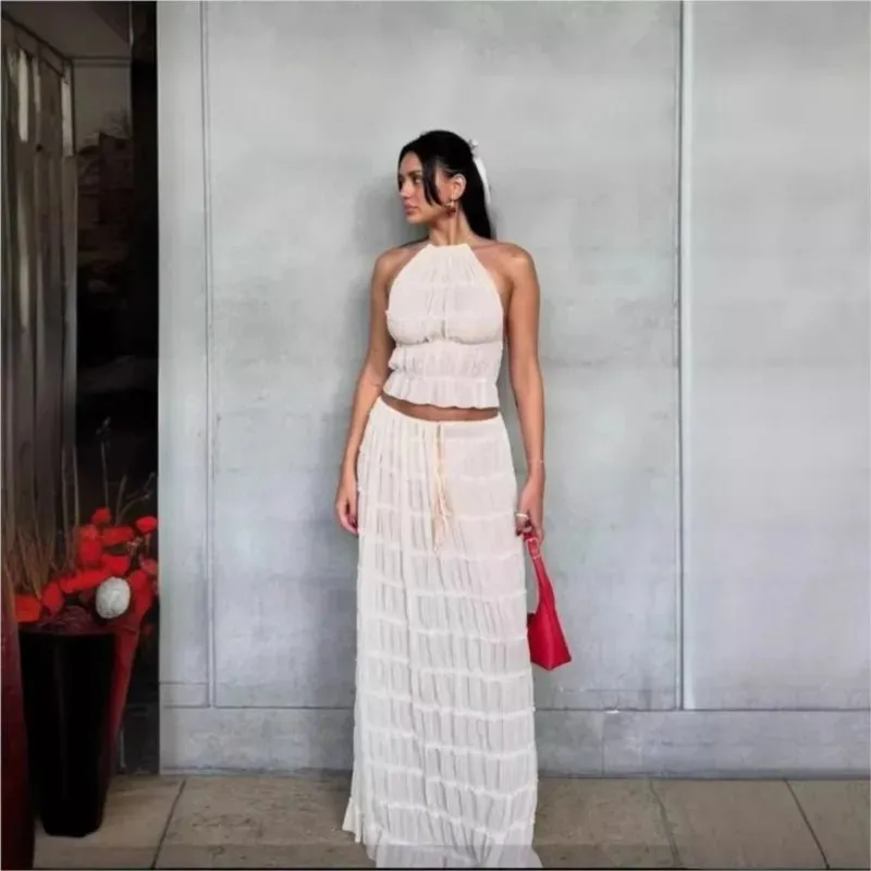 Backless Halter Lace Top & Pleated Maxi Skirt Set – Chic Summer Beach Party Outfit for Women