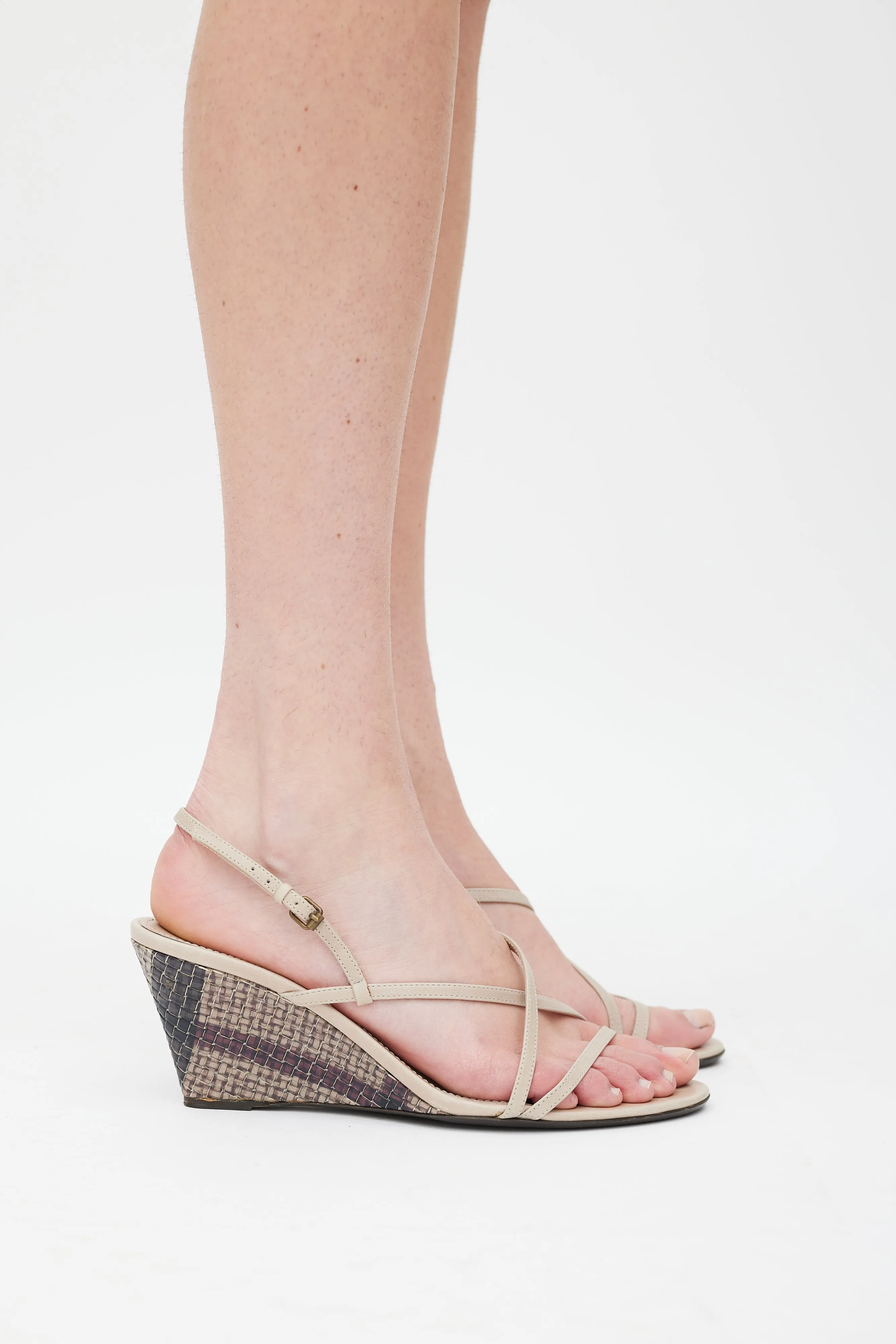 Beige & Multicolour Leather Woven Wedge Heel