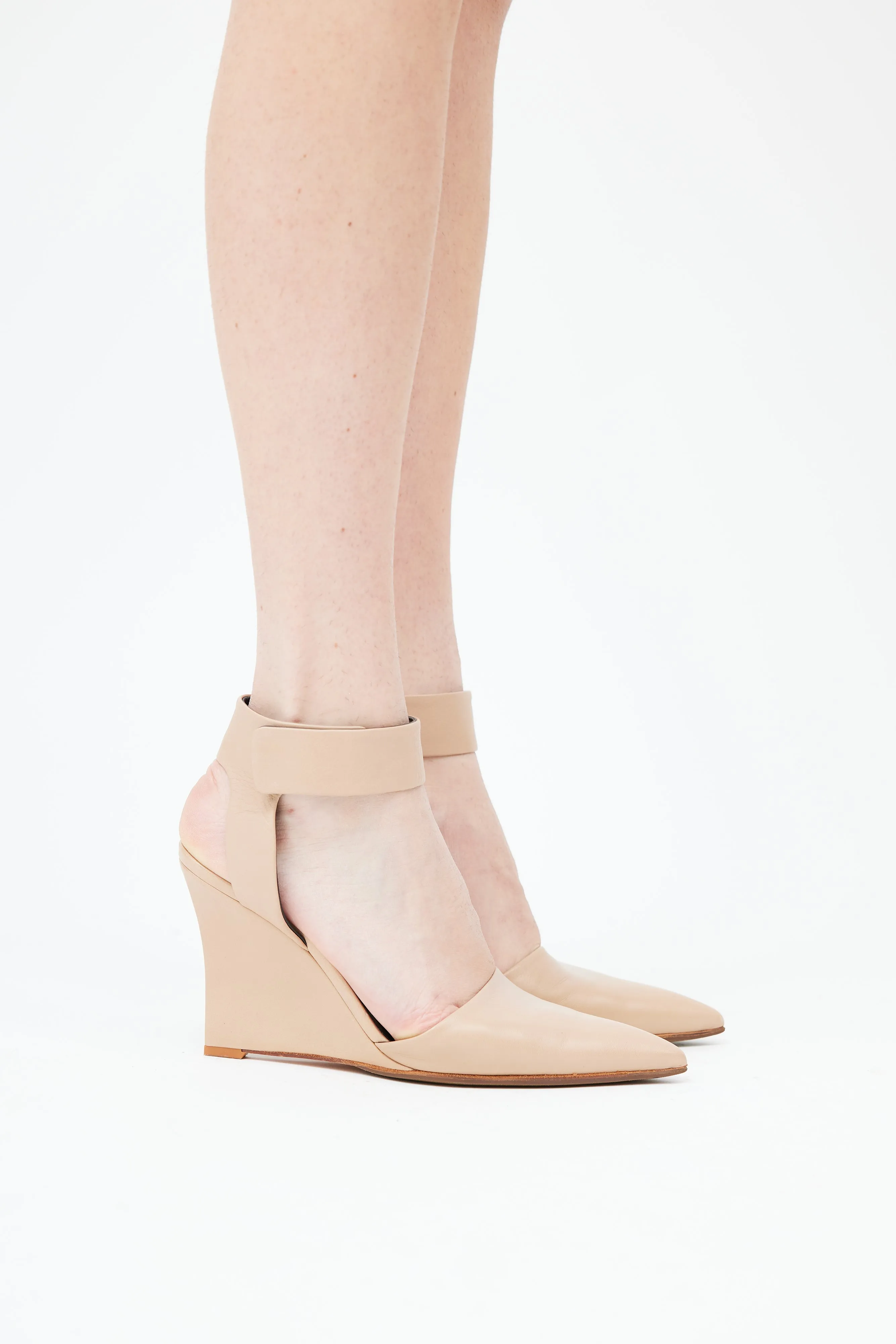Beige Leather Ankle Strap Wedge Heel