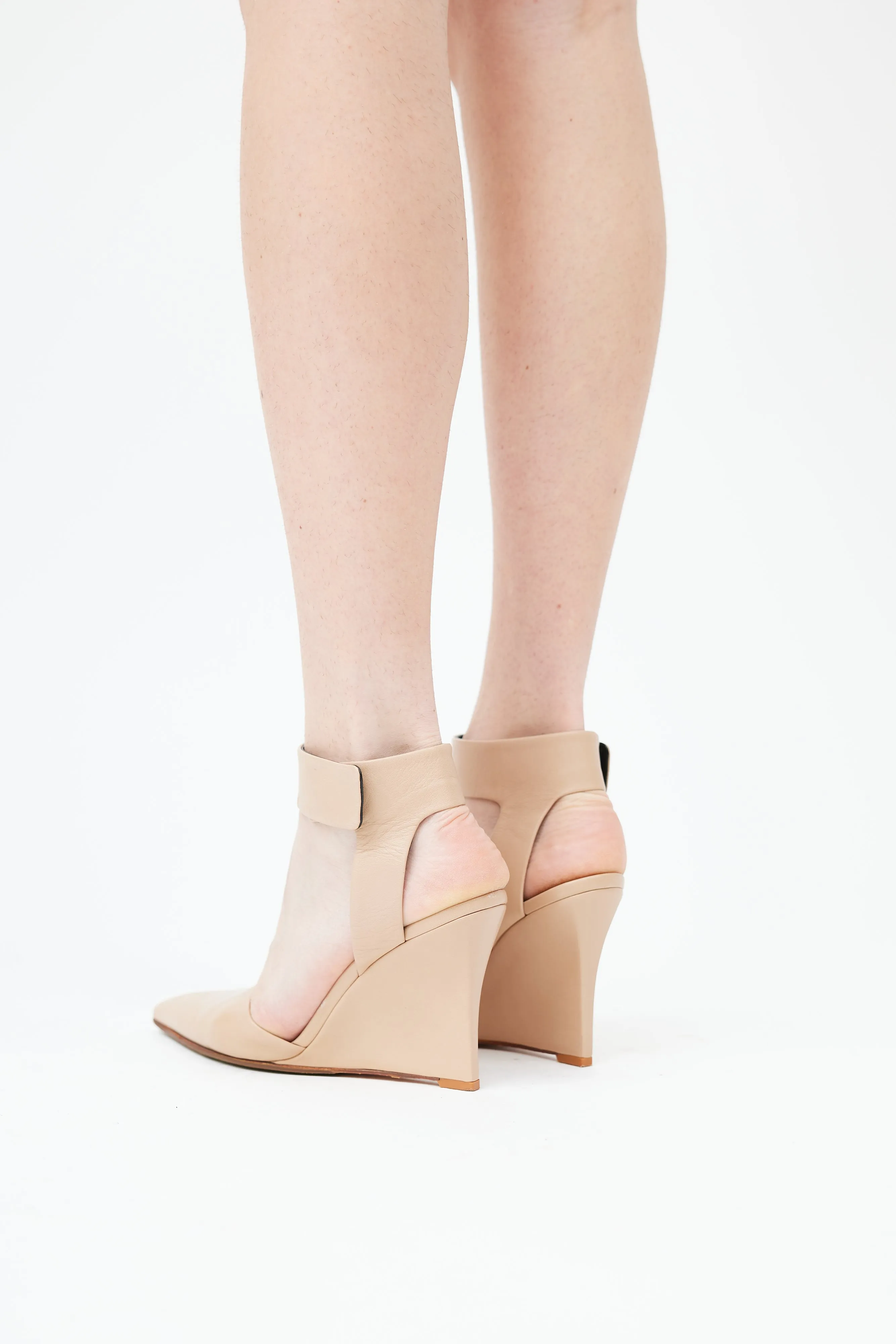 Beige Leather Ankle Strap Wedge Heel
