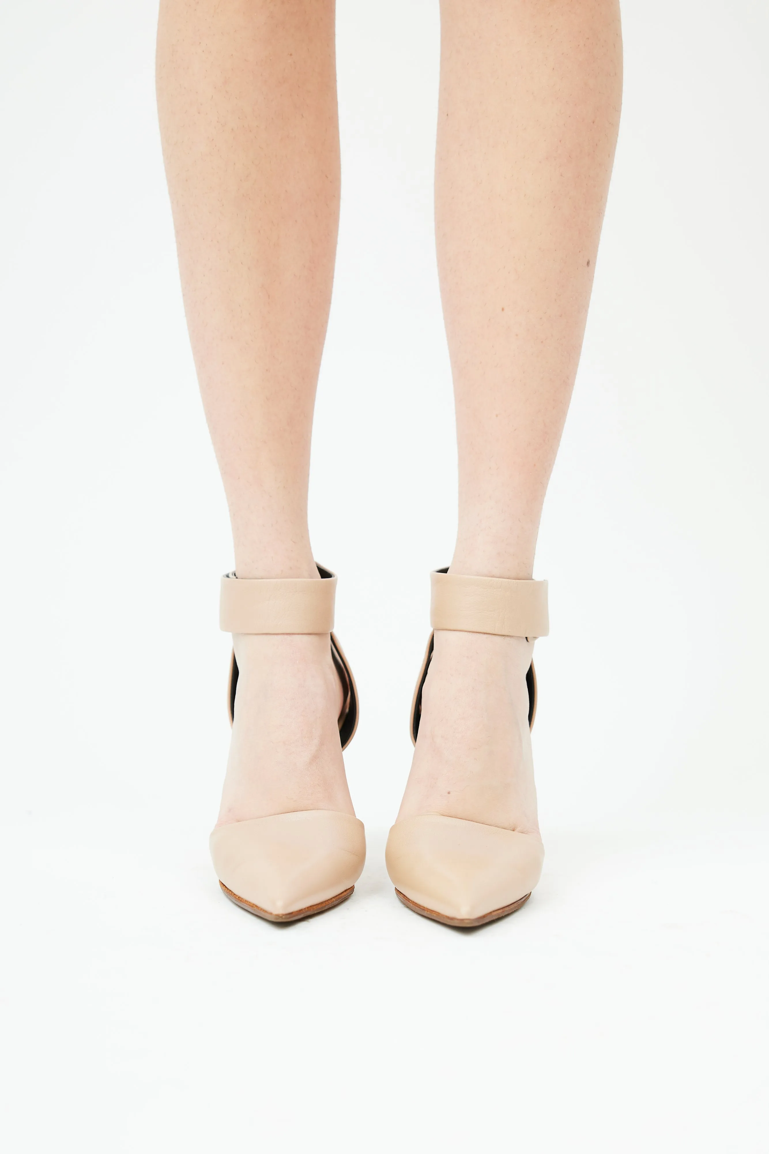 Beige Leather Ankle Strap Wedge Heel
