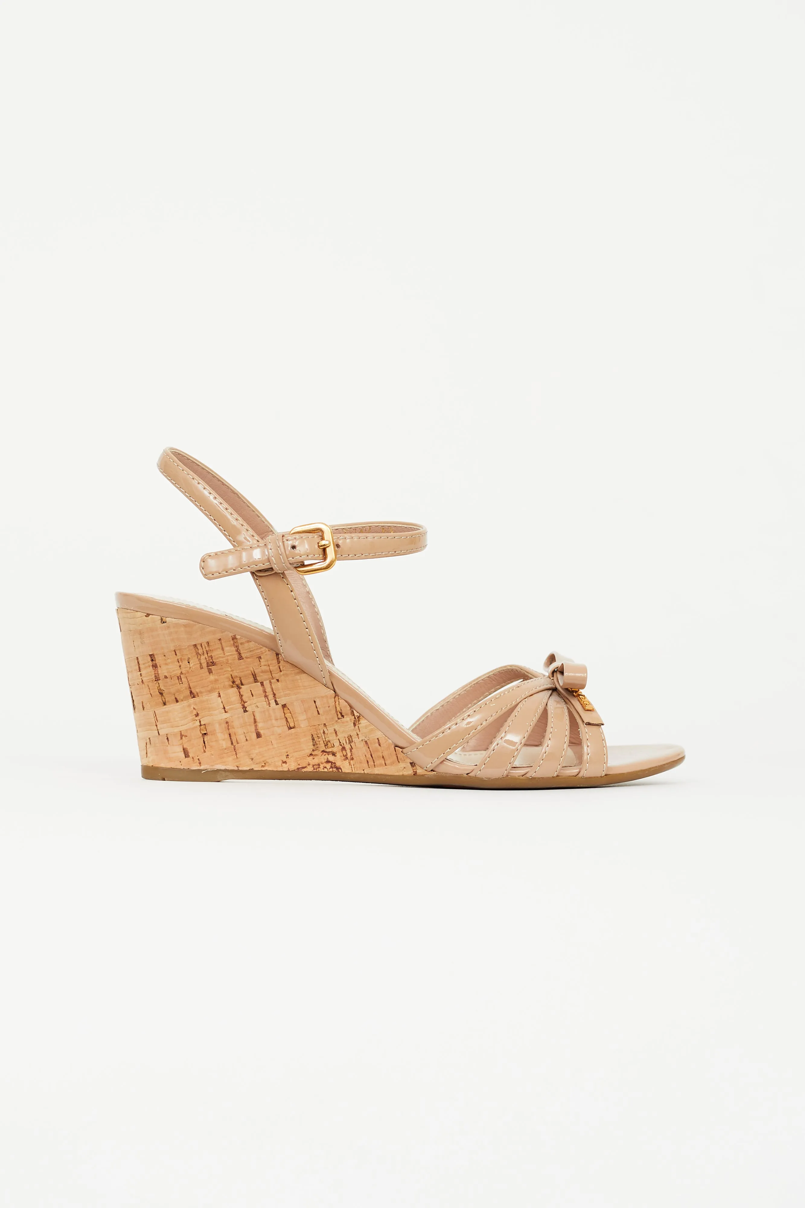 Beige Patent Leather Wedge Sandal