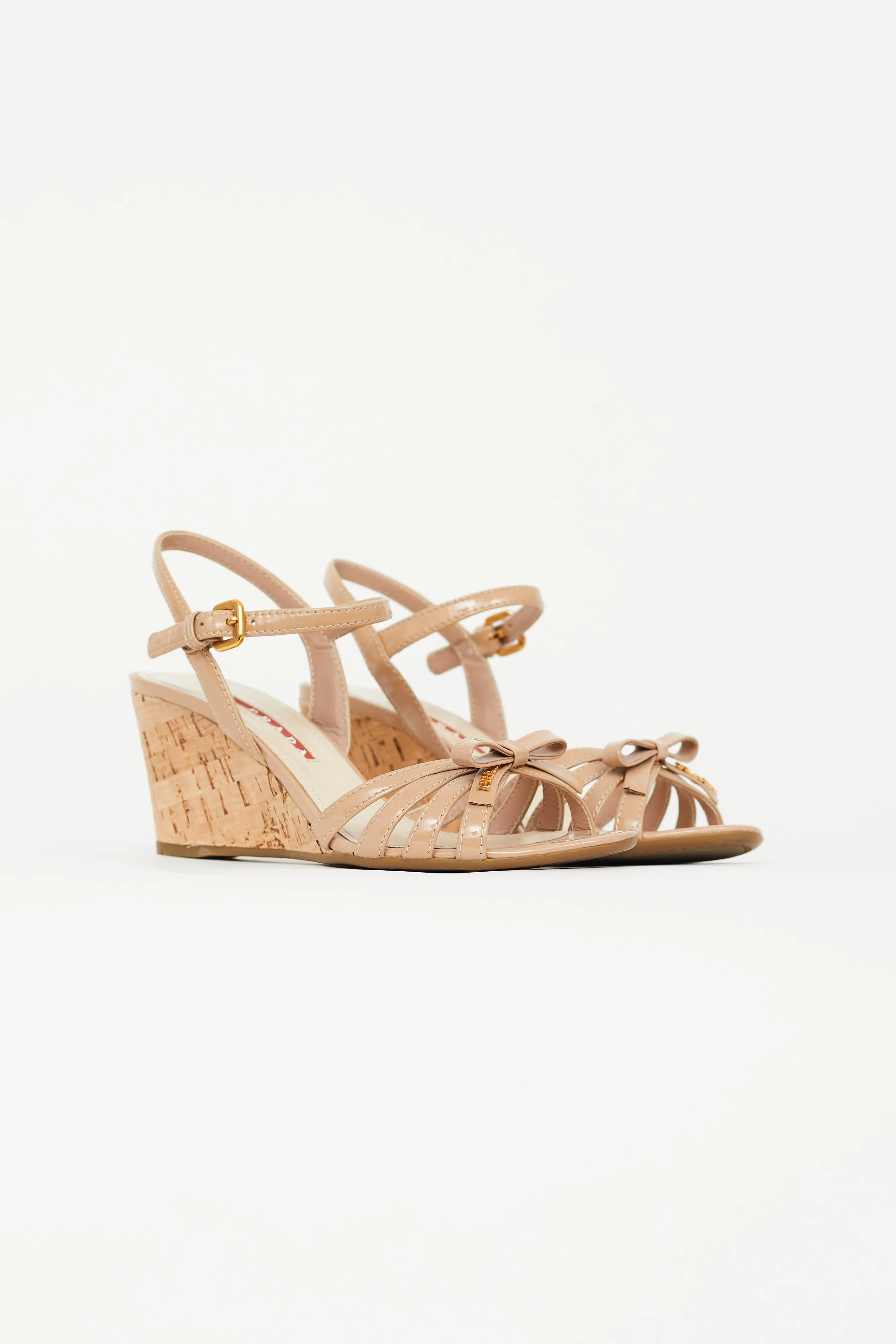 Beige Patent Leather Wedge Sandal