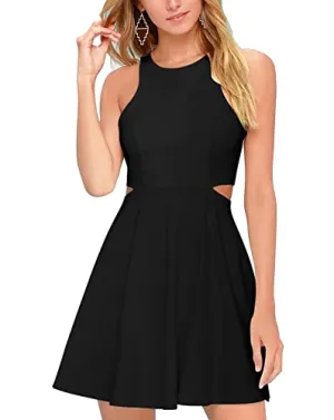 BELONGSCI Women 2024 Sweet and Cute Sleeveless Racerback Flared Swing A-Line Waist Hollow Out Summer Short Dress