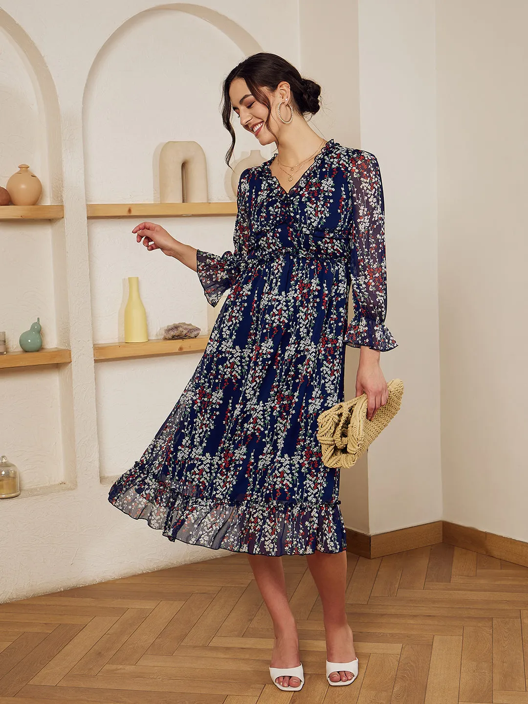 Berrylush Women Navy Blue, White, & Red Floral Printed V-Neck Bishop Sleeves Chiffon Flounce Hem Ruffled A-Line Midi Dress