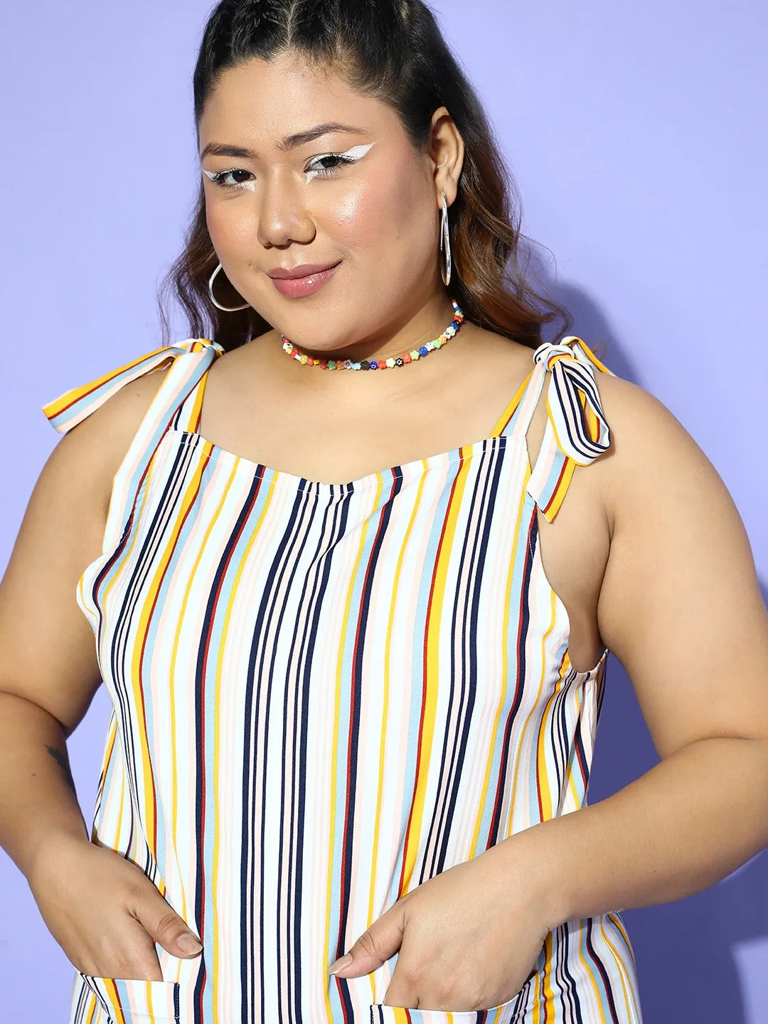 Berrylush Women Plus Size White & Multicoloured Stripe Printed V-Neck Sleeveless Tie-Up Strap Mini Playsuit
