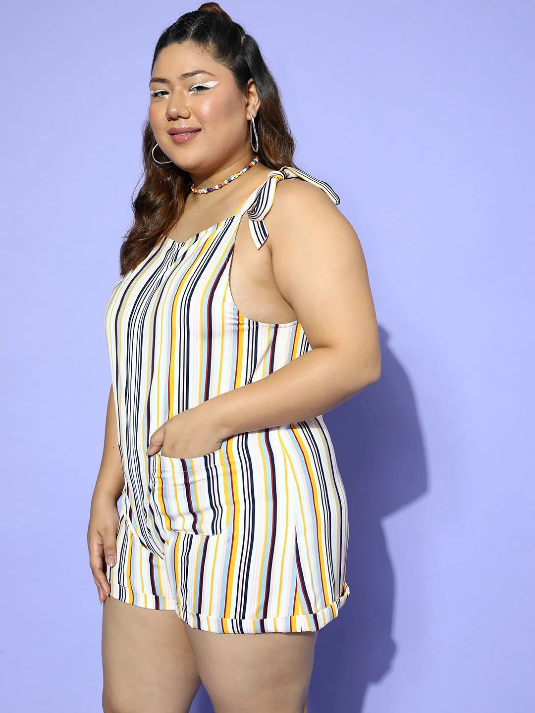 Berrylush Women Plus Size White & Multicoloured Stripe Printed V-Neck Sleeveless Tie-Up Strap Mini Playsuit