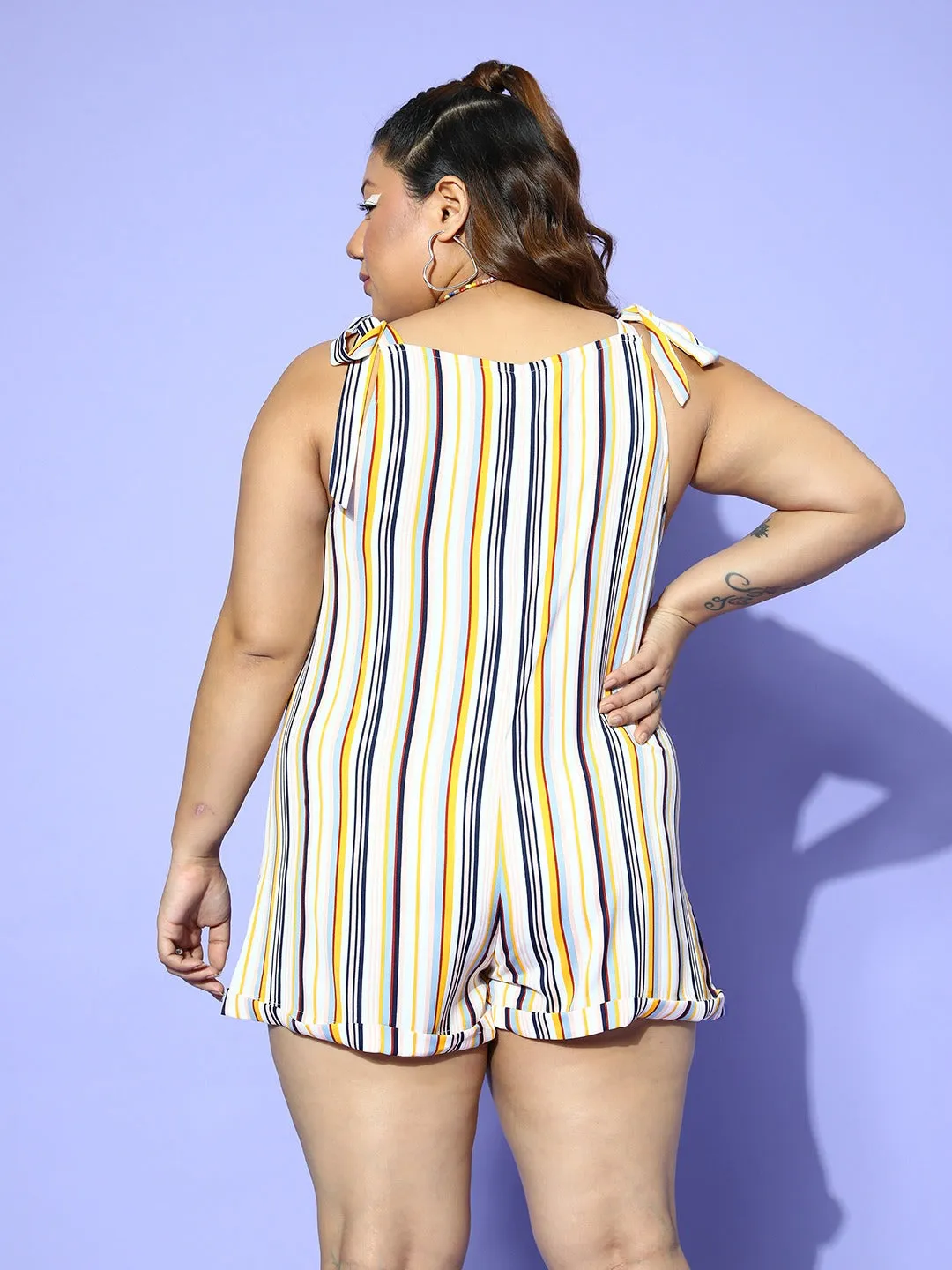 Berrylush Women Plus Size White & Multicoloured Stripe Printed V-Neck Sleeveless Tie-Up Strap Mini Playsuit