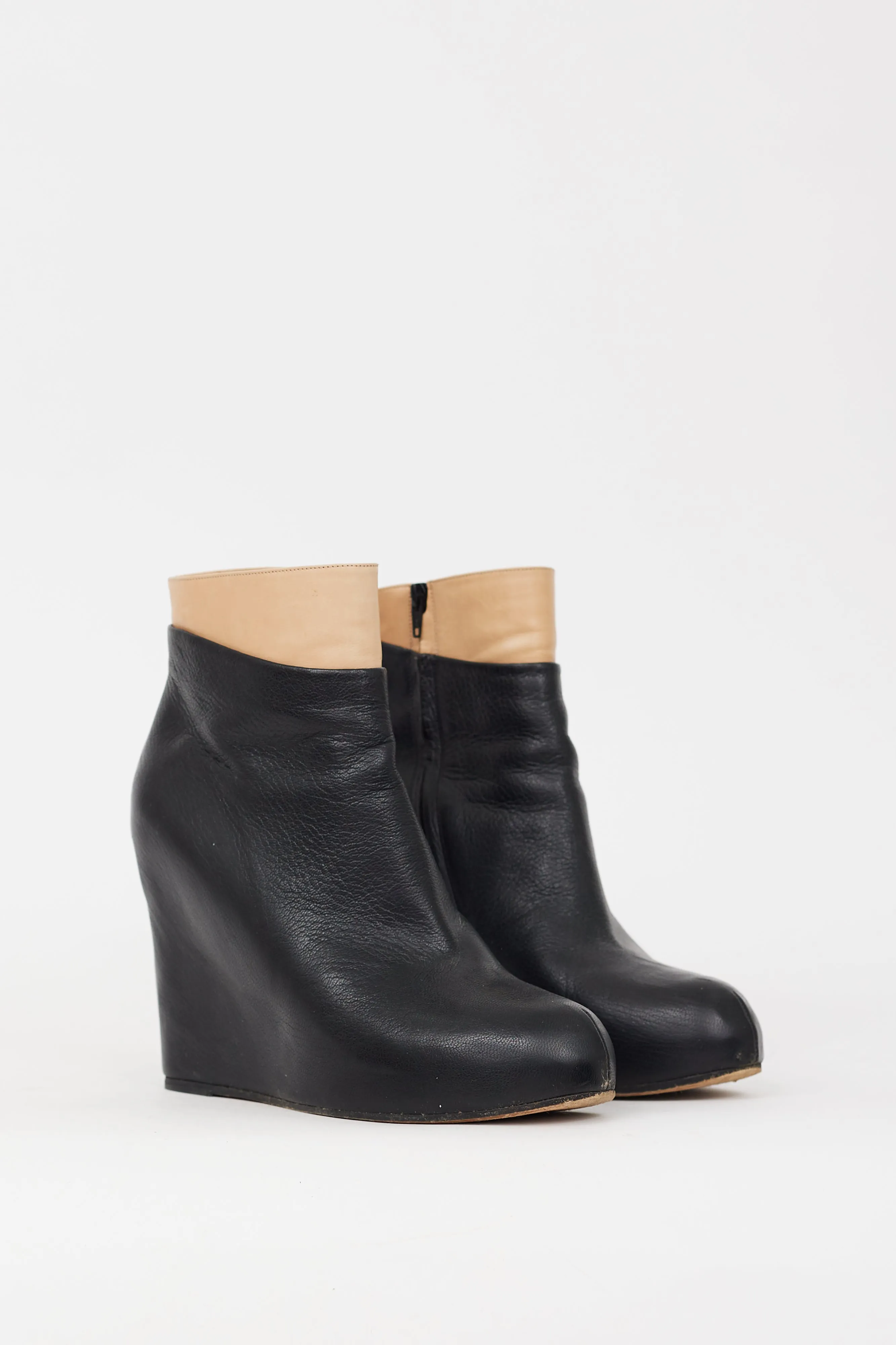 Black & Beige Leather Wedge Boot