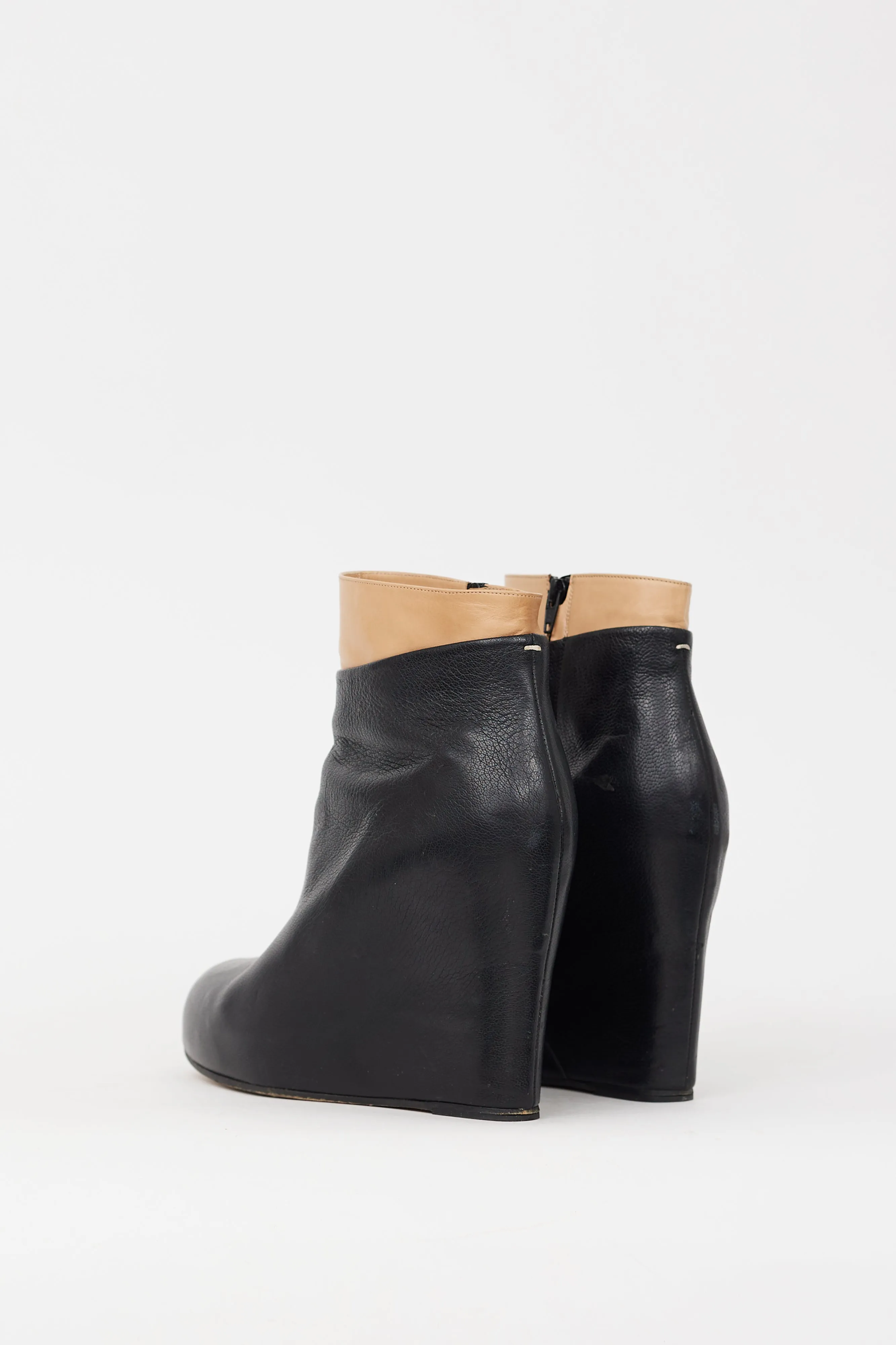 Black & Beige Leather Wedge Boot