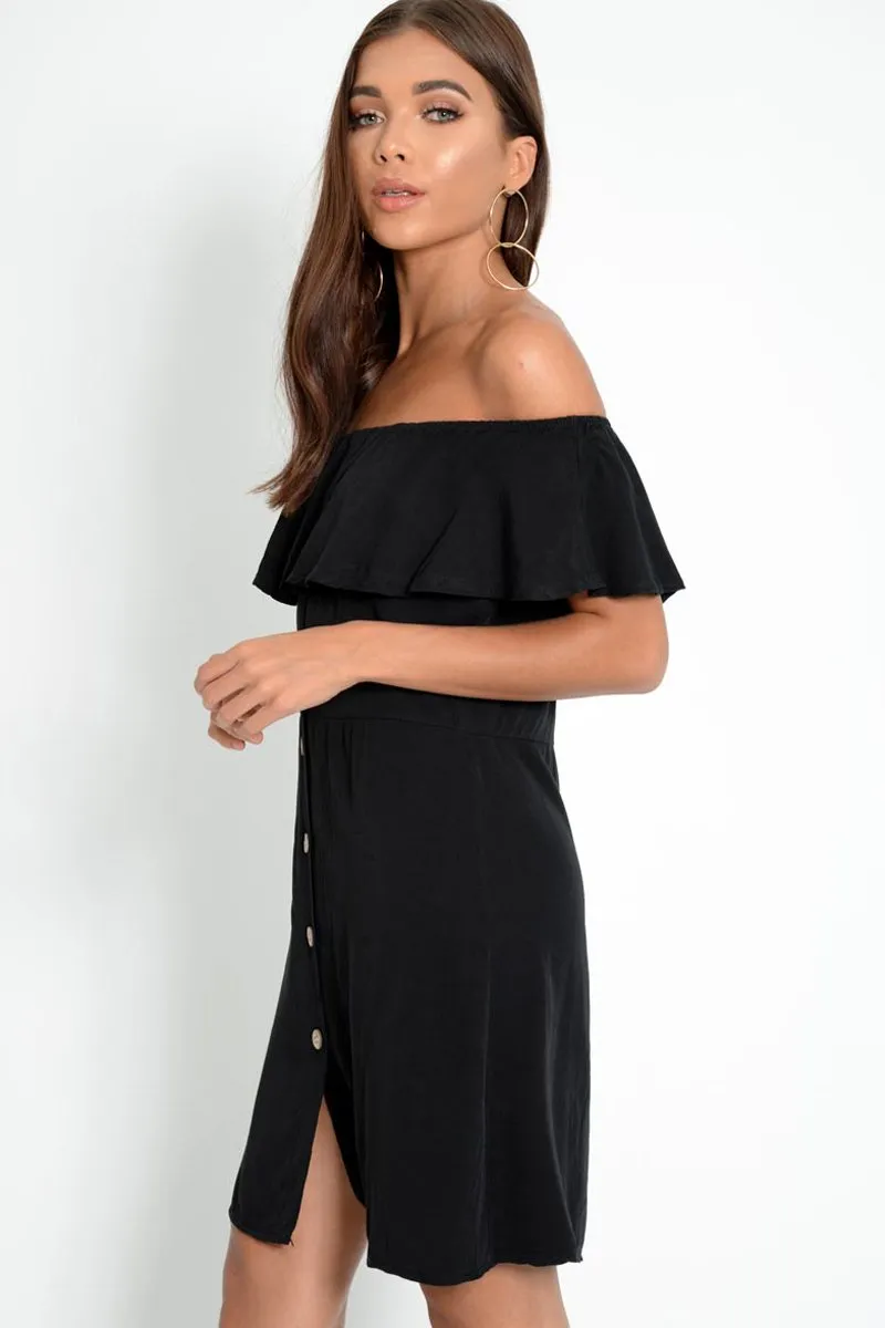 Black Bardot Frill Button Front Dress - Julissa