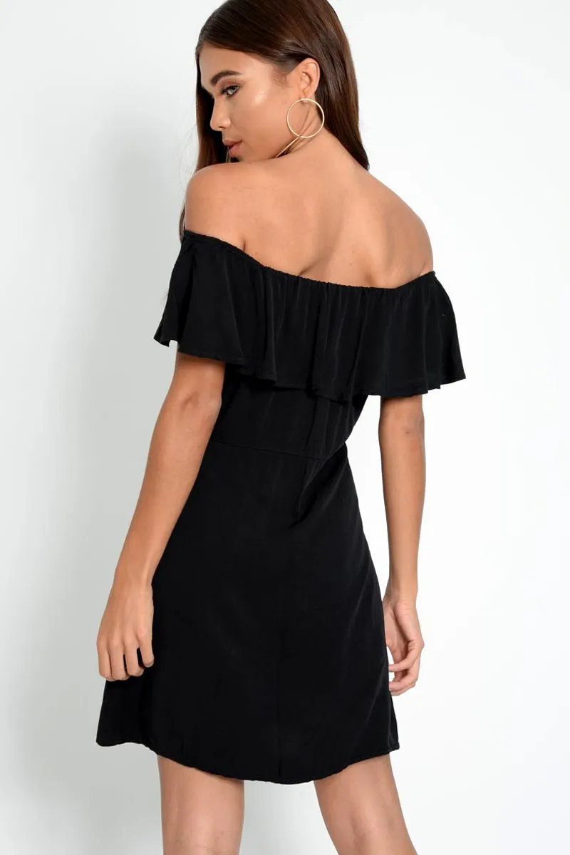 Black Bardot Frill Button Front Dress - Julissa