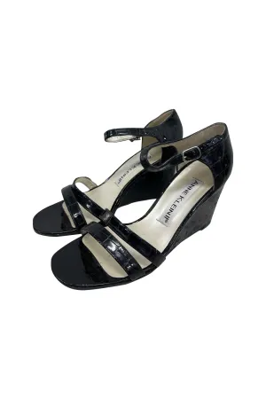 Black Leather Strappy Wedge Shoes