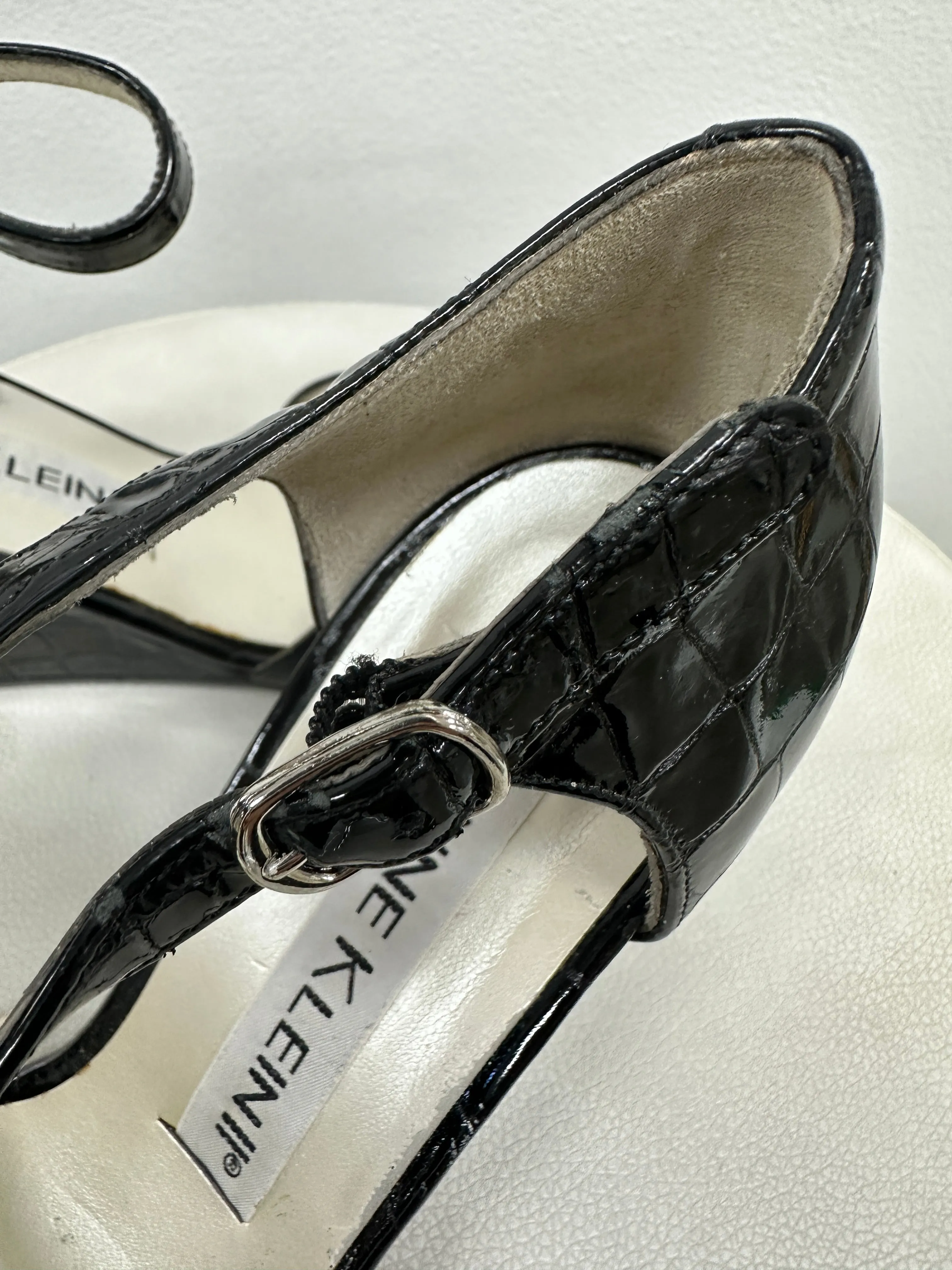 Black Leather Strappy Wedge Shoes