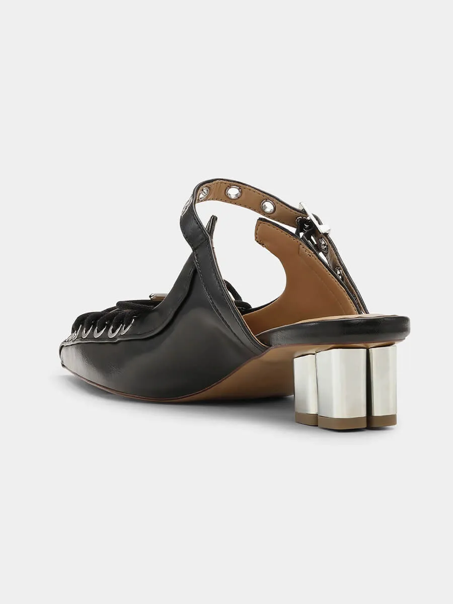 Black Oleatex Lace-Up Mules