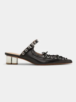 Black Oleatex Lace-Up Mules