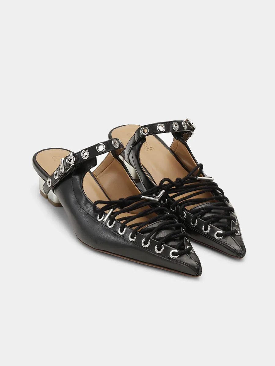 Black Oleatex Lace-Up Mules