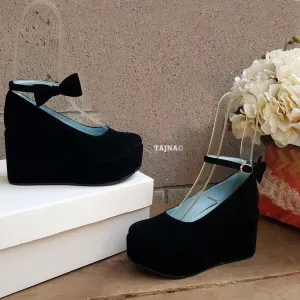 Black Ribbon  Ankle Strap Wedge Platform Shoes