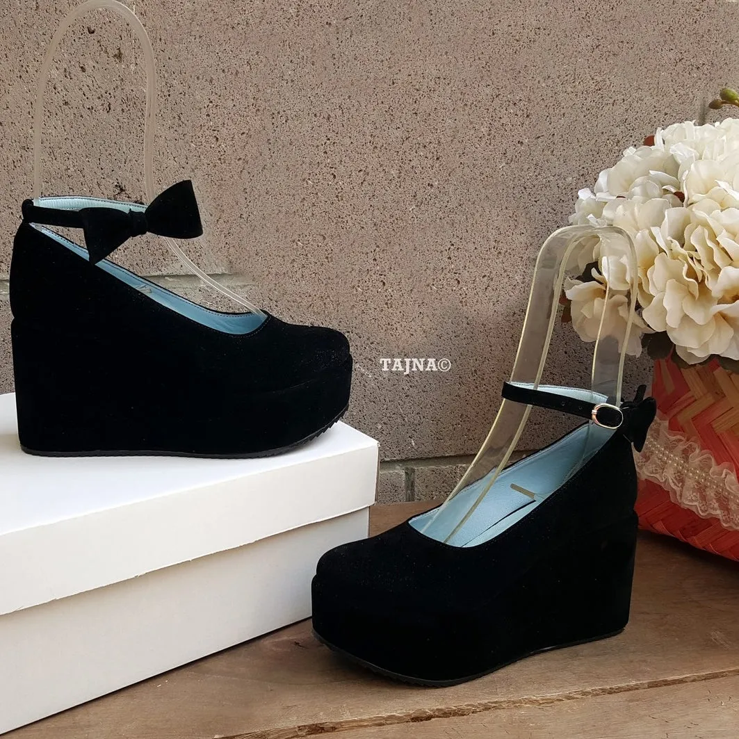 Black Ribbon  Ankle Strap Wedge Platform Shoes