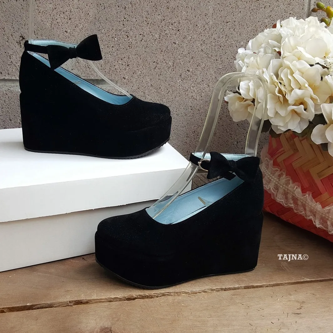Black Ribbon  Ankle Strap Wedge Platform Shoes