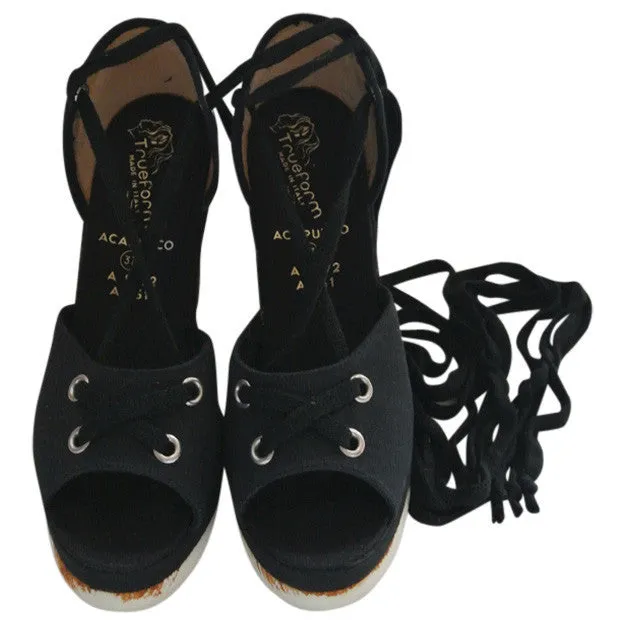 Black wedge heel 1970s platform sandals UK 4