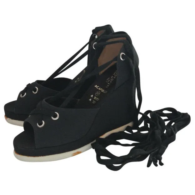 Black wedge heel 1970s platform sandals UK 4