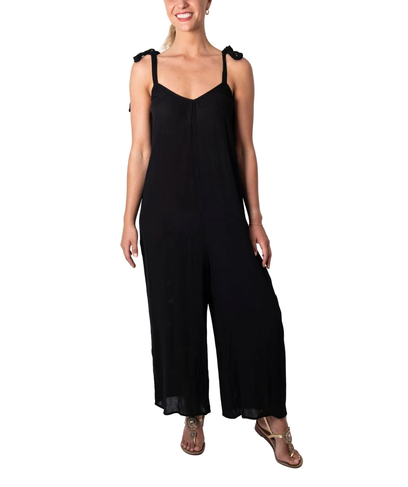 Casual Wide Leg Sleeveless Jumpsuit with Adjustable Shoulder Ties