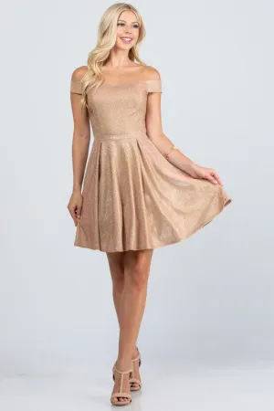 Champagne Off The Shoulder Skater Dress Jaquard