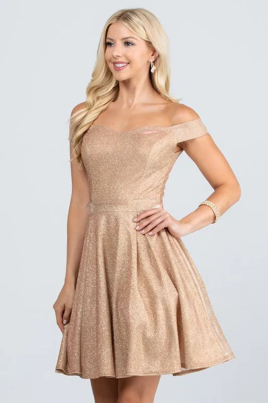 Champagne Off The Shoulder Skater Dress Jaquard
