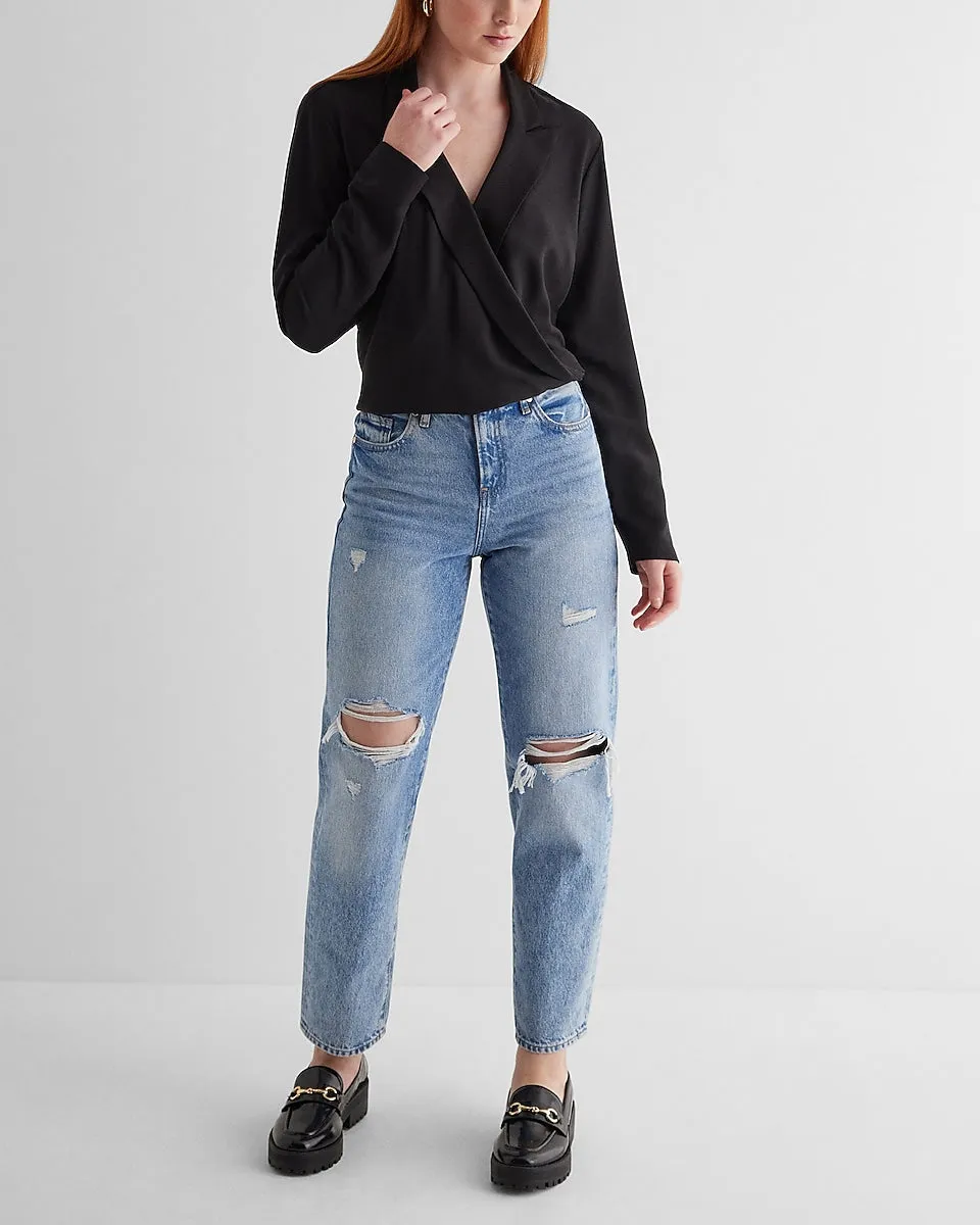 Collared V-Neck Long Sleeve Faux Wrap Front Top in Pitch Black
